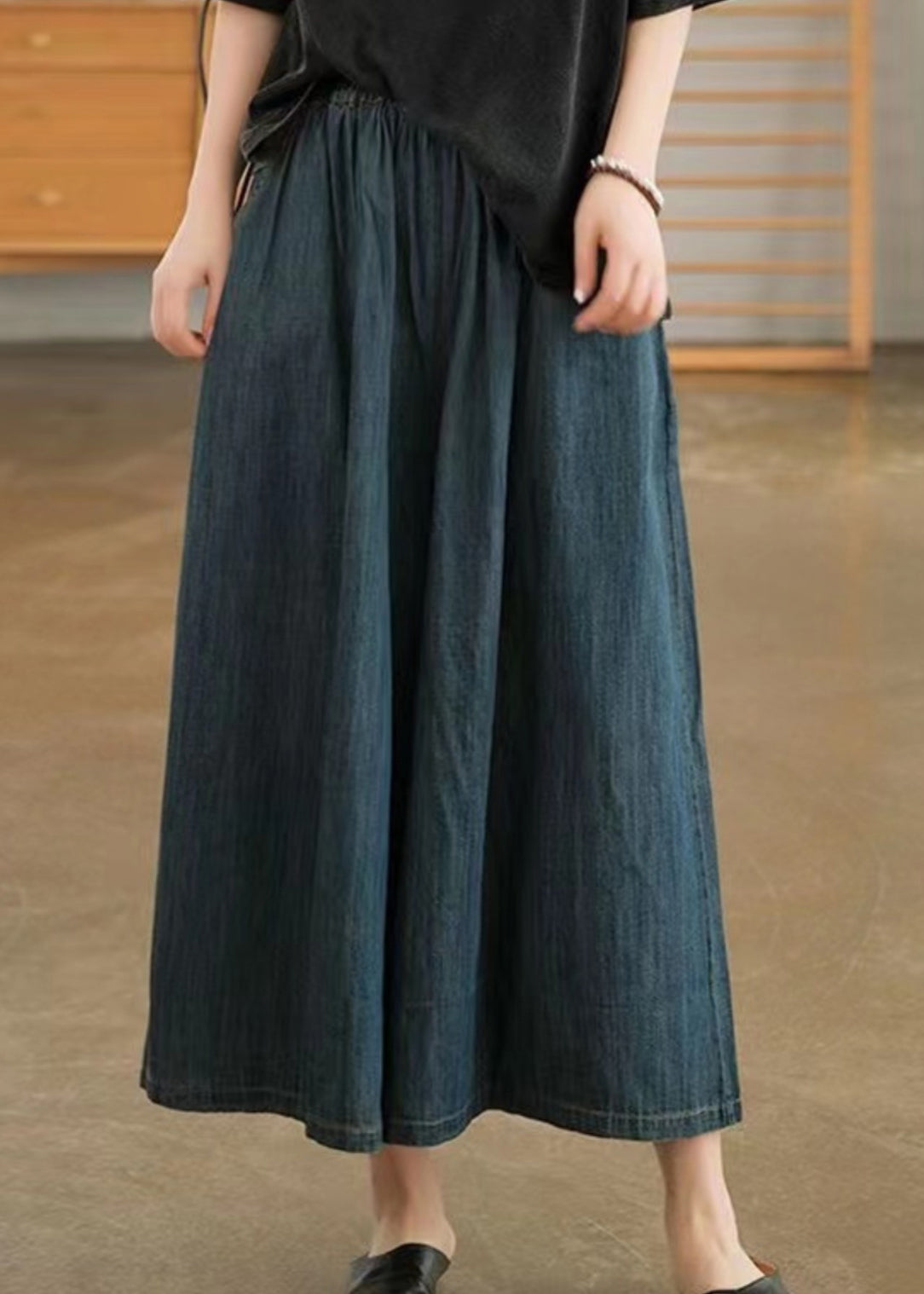 Natural Navy Pockets Elastic Waist Denim Wide Leg Pants Summer