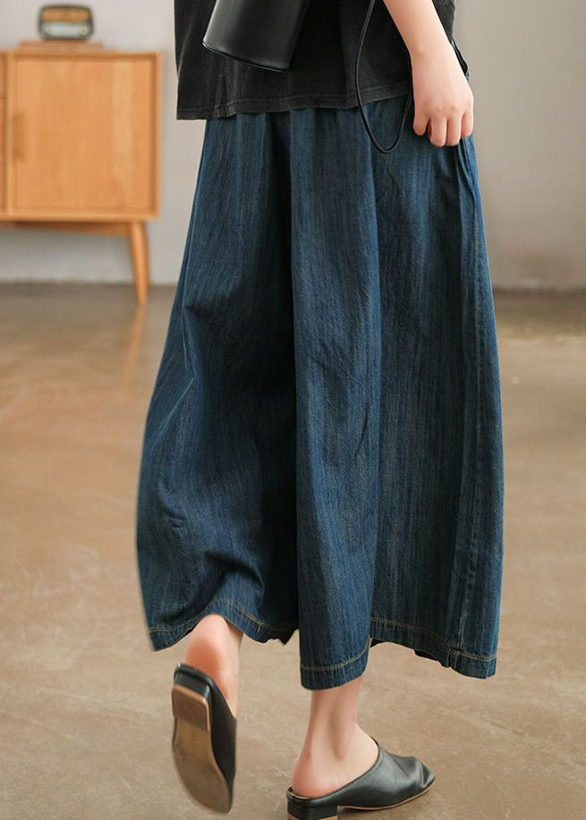 Natural Navy Pockets Elastic Waist Denim Wide Leg Pants Summer