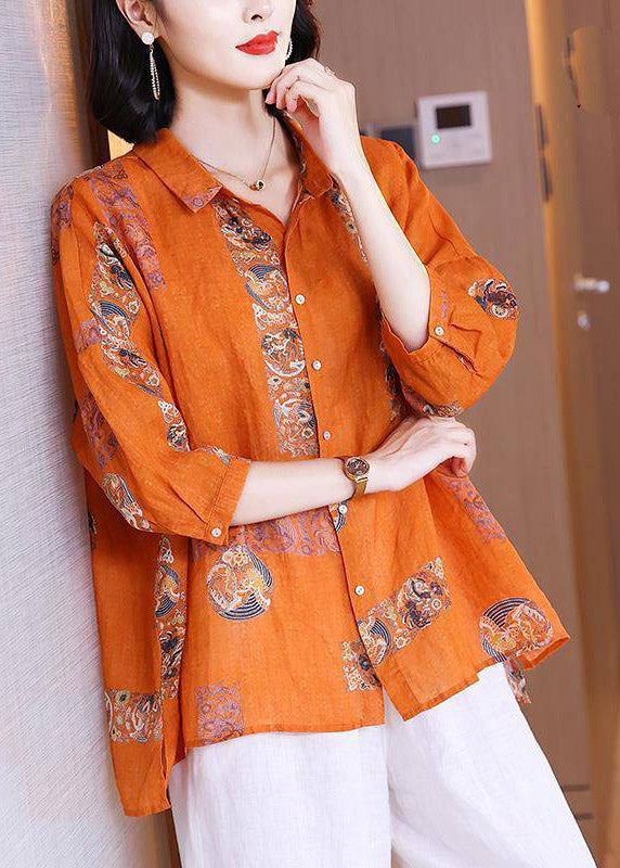 Natural Orange Peter Pan Collar Print Button Side Open Linen Top Half Sleeve