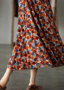 Natural Orange Print Quilting Skirt Elastic Waist Robes Spring Skirt