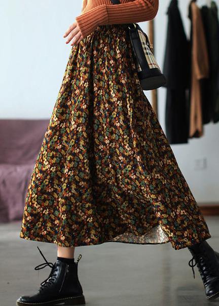 Natural Orange Print Quilting Skirt Elastic Waist Robes Spring Skirt