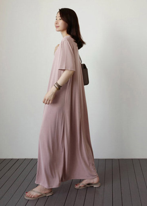 Natural Pink V Neck Cotton Long Dress Short Sleeve