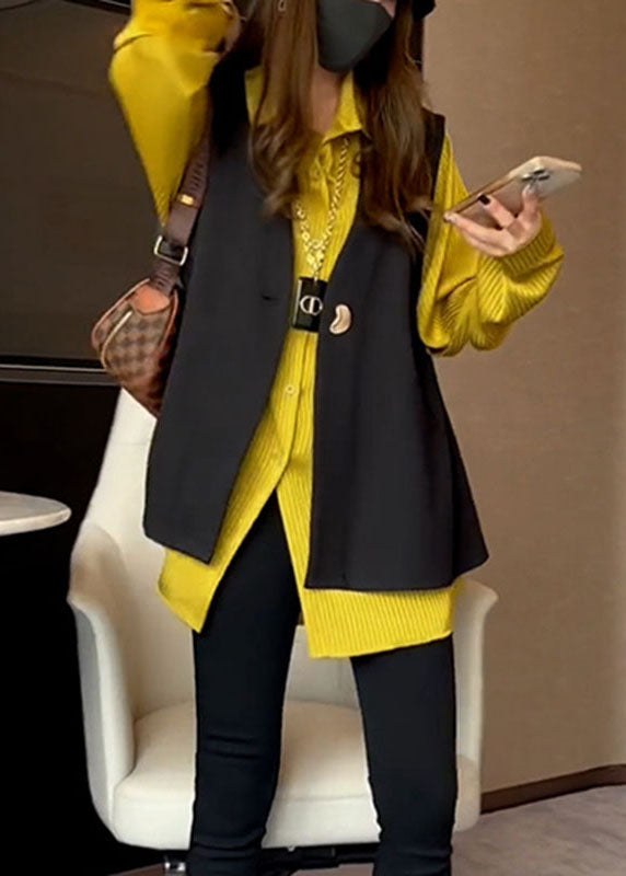 Natural V Neck Black Waistcoat And Yellow Shirts Two Pieces Set Fall