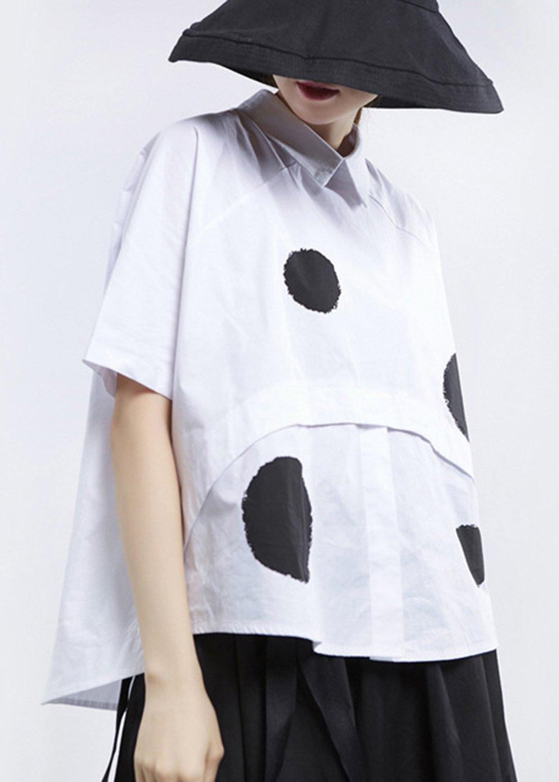 Natural White Dot Peter Pan Cotton Shirt Tops