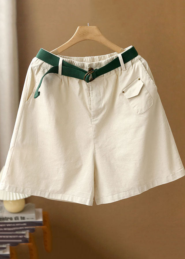 Natural White Elastic Waist Pockets Sashes Cotton Wide Leg Shorts Summer