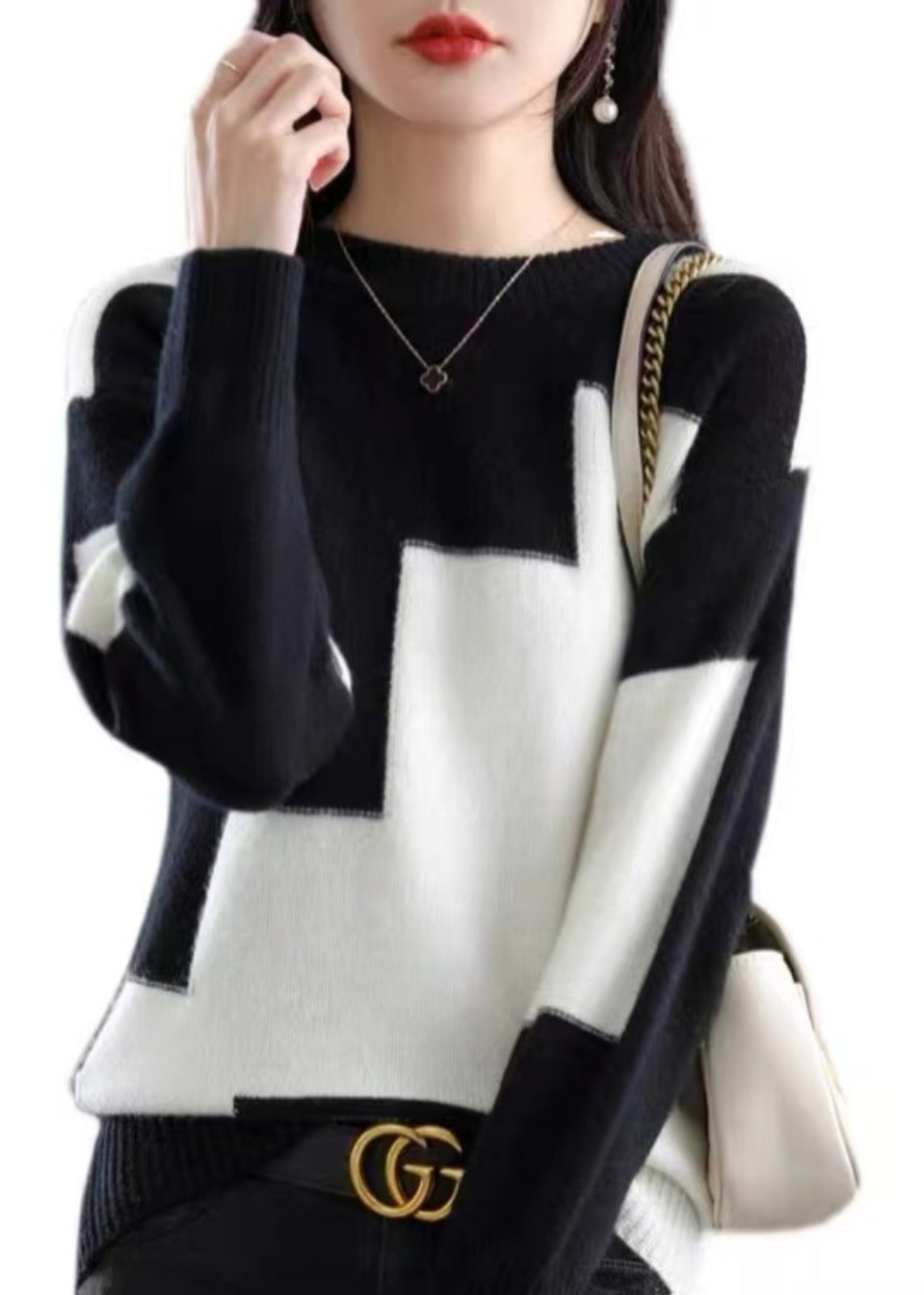 Natural White O-Neck Patchwork Thick Cashmere Knit Sweater Fall