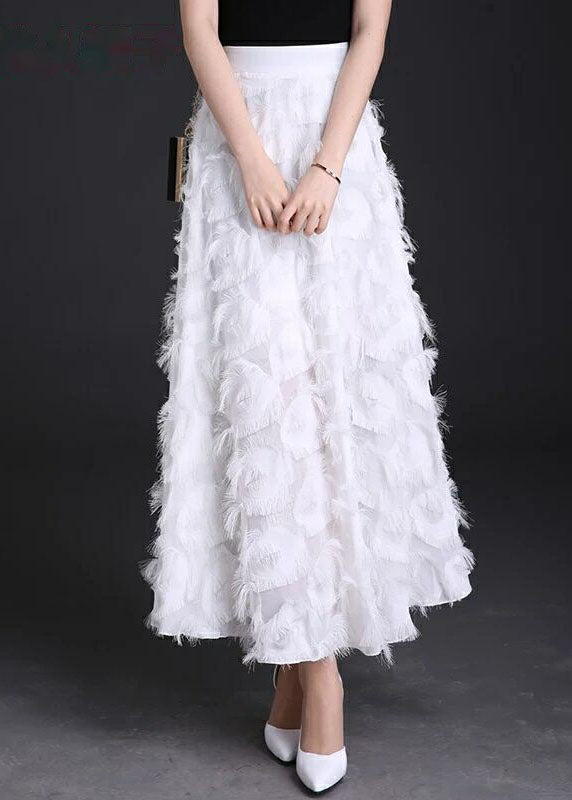 Natural White Tasseled Chiffon Skirts Spring