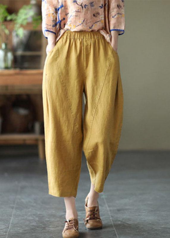 Natural Checkered Pumpkin Elastic Waist Summer Linen Harem Pants