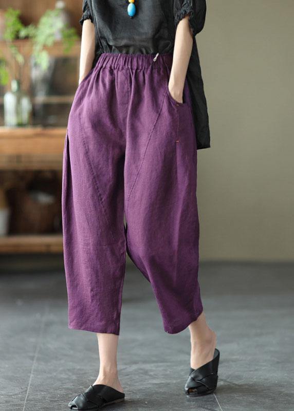 Natural Black print Elastic Waist Summer Linen Harem Pants