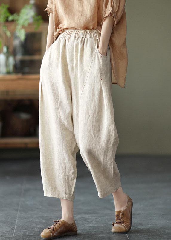 Natural Black print Elastic Waist Summer Linen Harem Pants