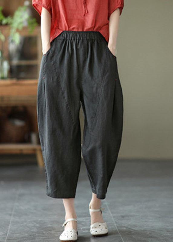 Natural Black print Elastic Waist Summer Linen Harem Pants