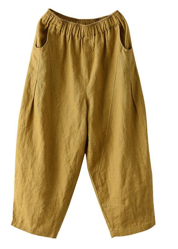 Natural Brown-red flower Elastic Waist Summer Linen Harem Pants