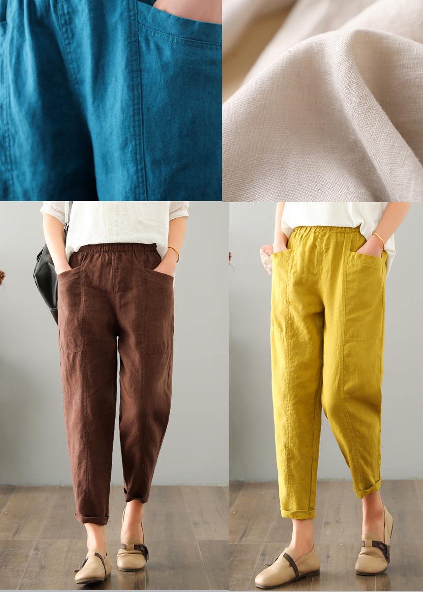 Natural Purple Pockets Cotton Linen  Pants Summer