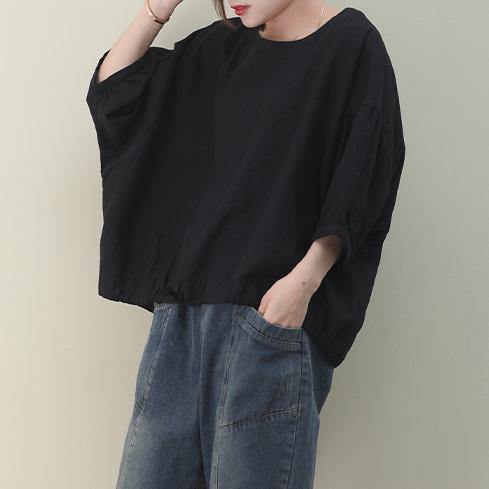 Natural black linen linen women blouses o neck lantern sleeve oversized blouse