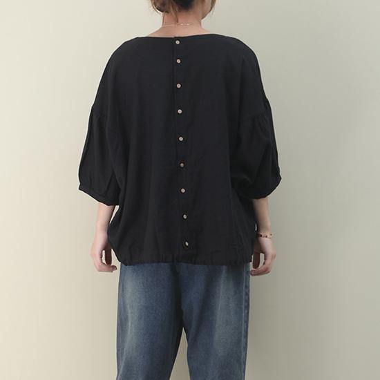 Natural black linen linen women blouses o neck lantern sleeve oversized blouse