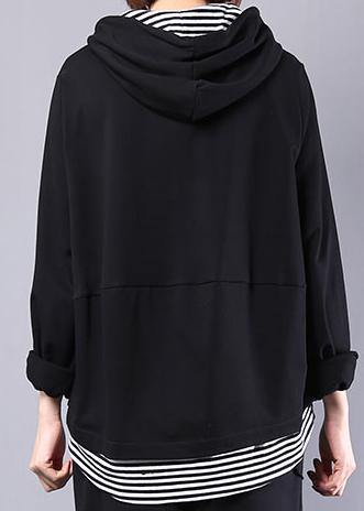 Natural black patchwork cotton clothes hooded false two pieces daily autumn tops