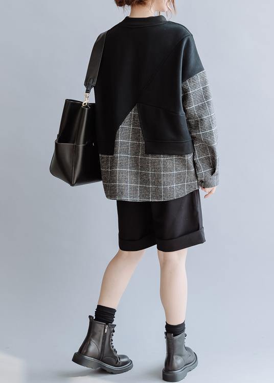 Natural black patchwork plaid Blouse o neck Knee blouses