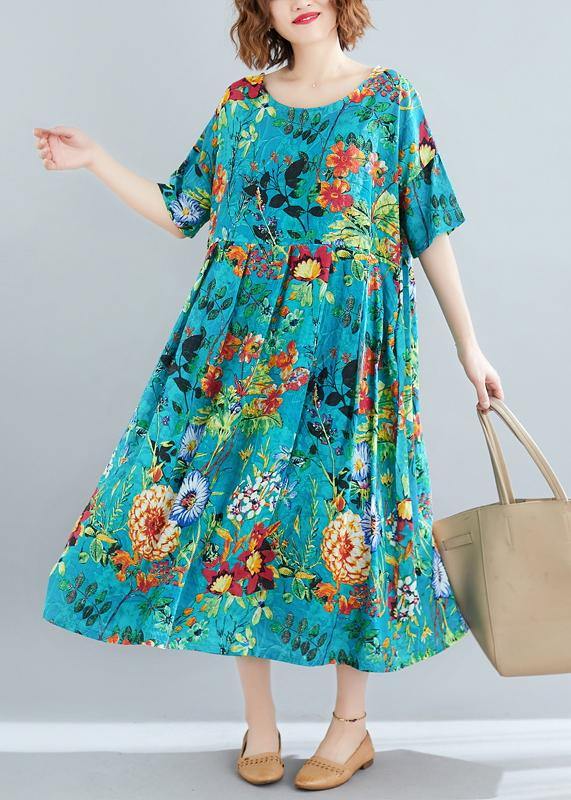 Natural blue print dresses o neck Cinched robes summer Dress