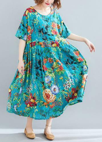 Natural blue print dresses o neck Cinched robes summer Dress