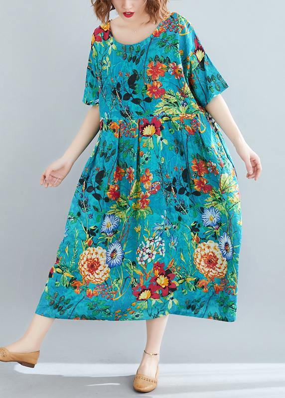 Natural blue print dresses o neck Cinched robes summer Dress