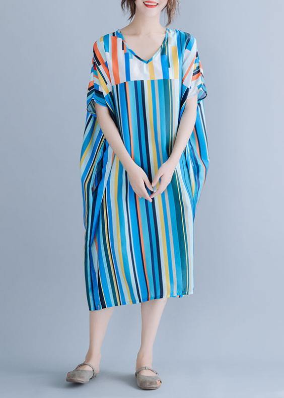 Natural blue striped chiffon dress long plus size Online Shopping v neck patchwork Summer Dress