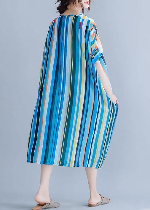 Natural blue striped chiffon dress long plus size Online Shopping v neck patchwork Summer Dress