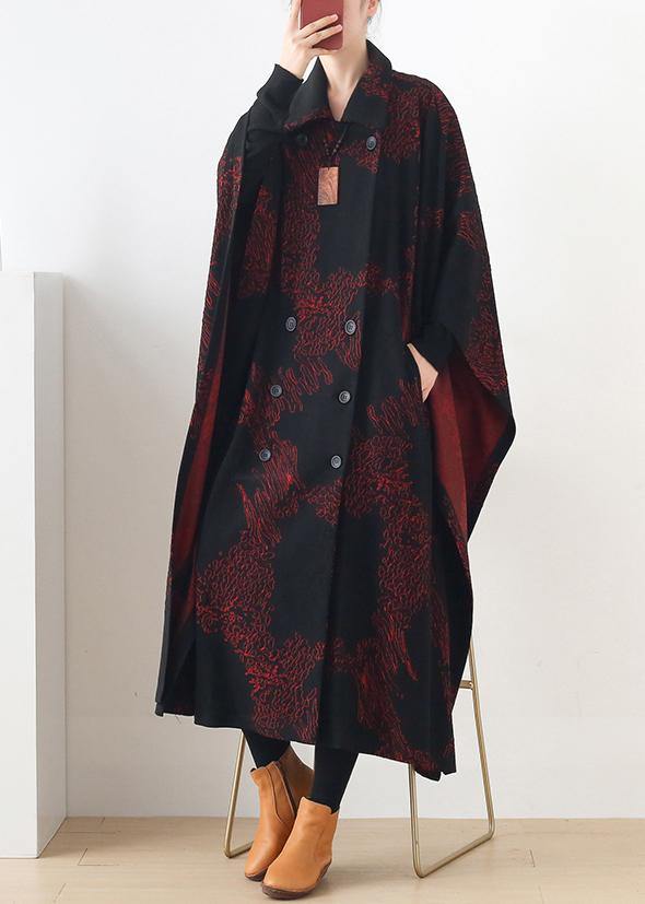 Natural burgundy print Plus Size clothes For Women Notched asymmetric outwears