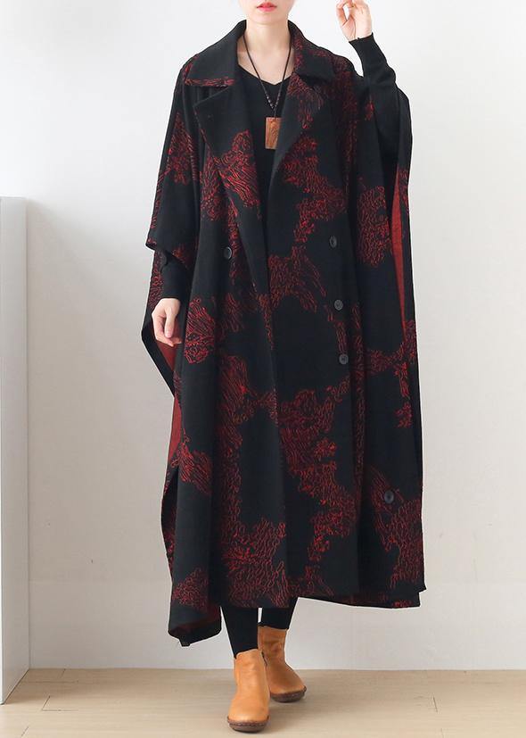 Natural burgundy print Plus Size clothes For Women Notched asymmetric outwears