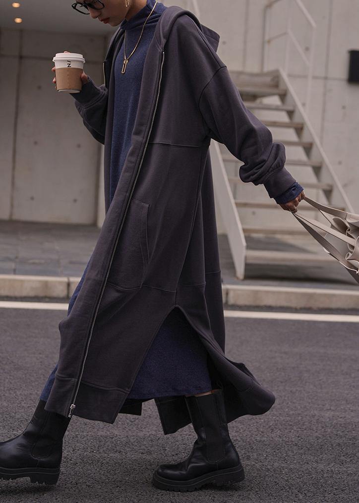 Natural dark gray  tunic coat hooded side open  women coats