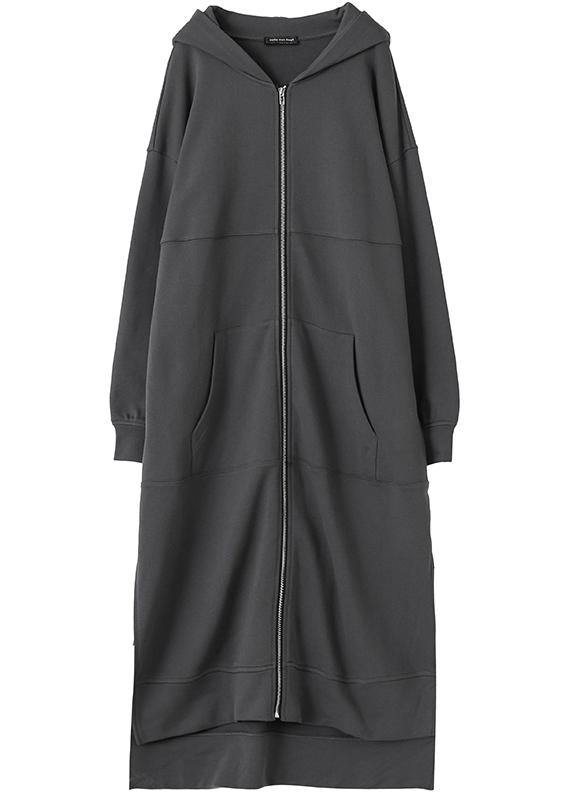 Natural dark gray  tunic coat hooded side open  women coats