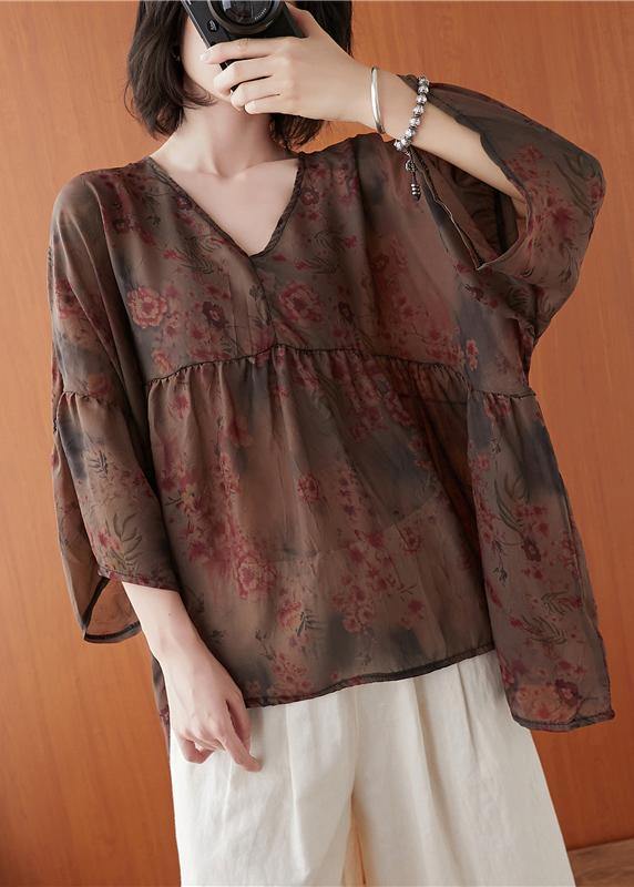 Natural floral clothes For Women v neck asymmetric summer blouses