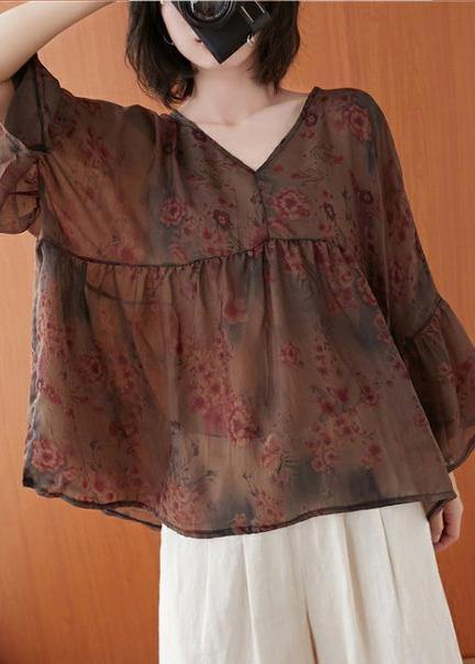 Natural floral clothes For Women v neck asymmetric summer blouses