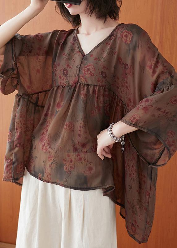 Natural floral clothes For Women v neck asymmetric summer blouses