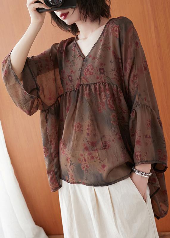 Natural floral clothes For Women v neck asymmetric summer blouses