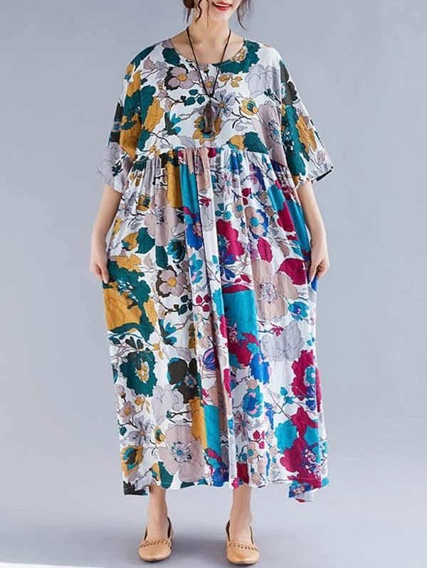 Natural floral cotton clothes Women o neck Cinched Maxi Dress