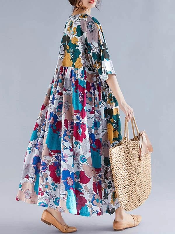 Natural floral cotton clothes Women o neck Cinched Maxi Dress