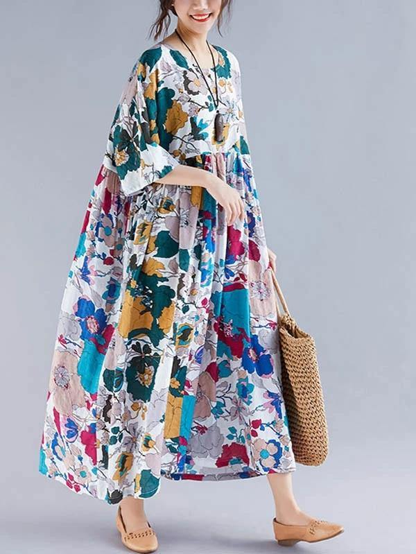 Natural floral cotton clothes Women o neck Cinched Maxi Dress