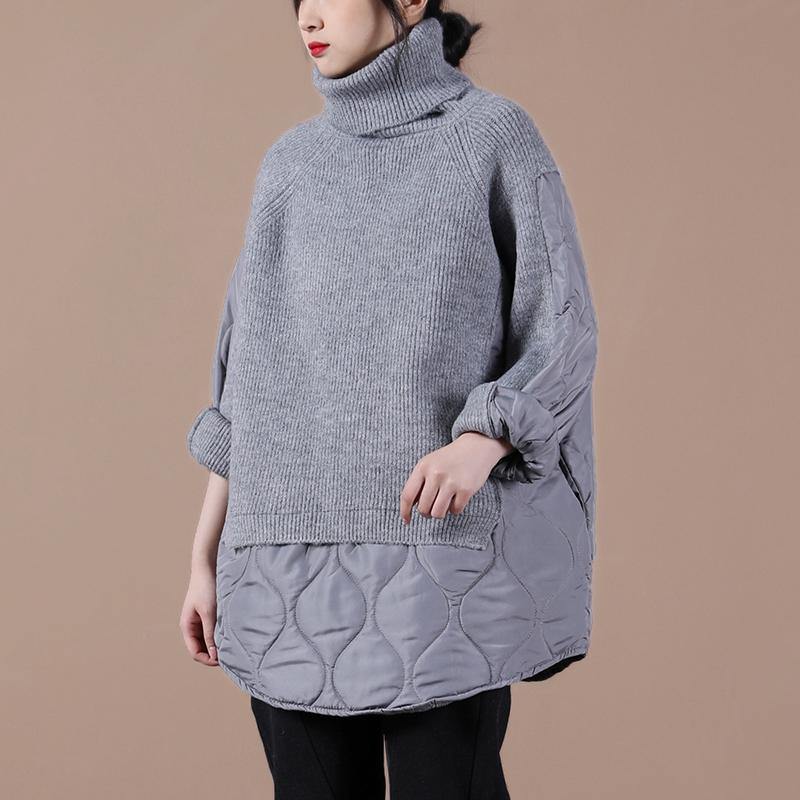 Natural high neck patchwork spring crane tops pattern gray tops