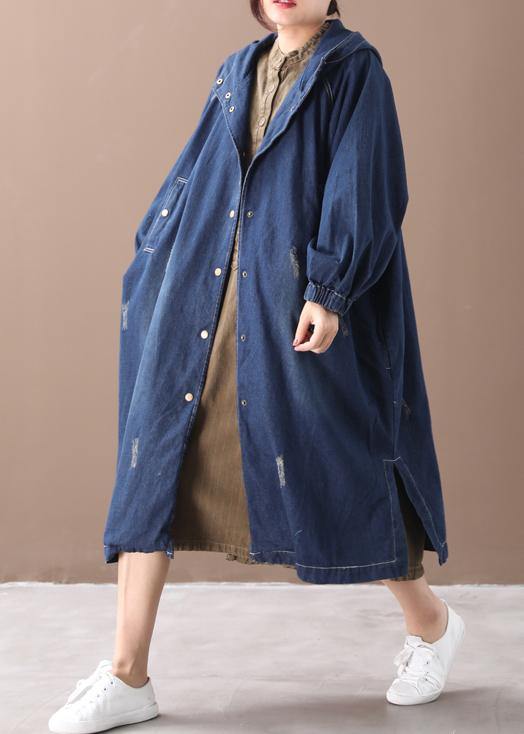 Natural hooded Hole Plus Size outfit denim blue silhouette coats