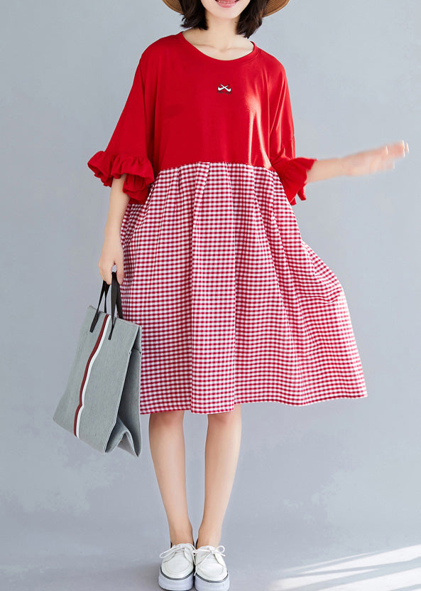 Natural o neck Butterfly Sleeve Cotton clothes Omychic Outfits red Plaid short Dresses Summer