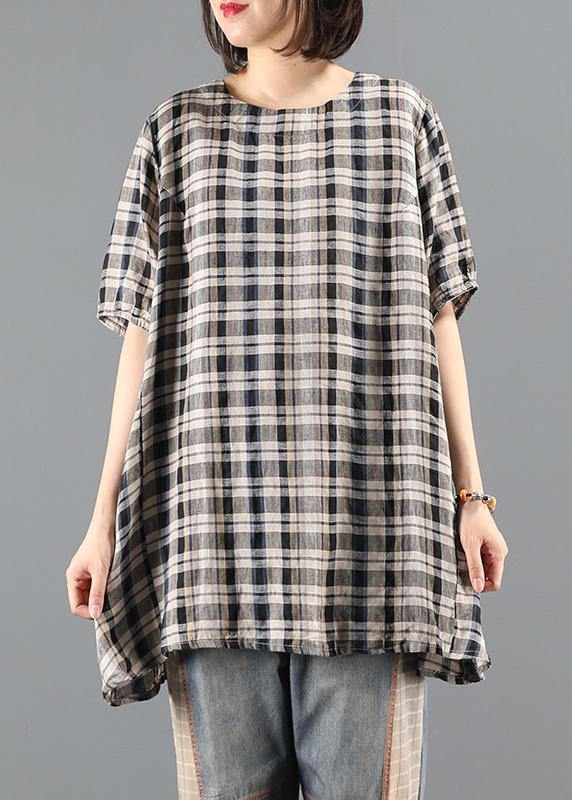 Natural o neck drawstring summer tunics for women Shape black plaid top