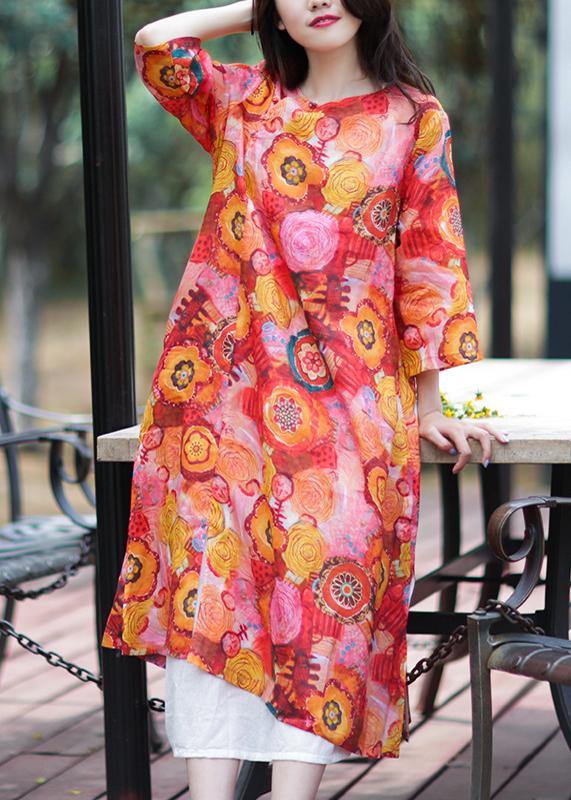 Natural o neck side open linen clothes Photography floral Dress