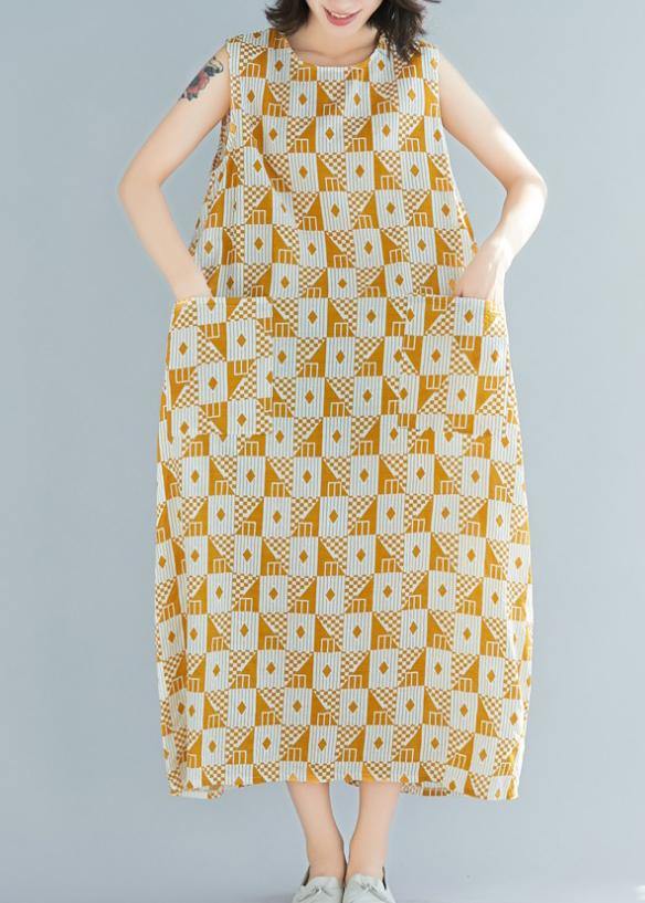 Natural o neck sleeveless cotton summer clothes Women yellow Geometric Kaftan Dresses