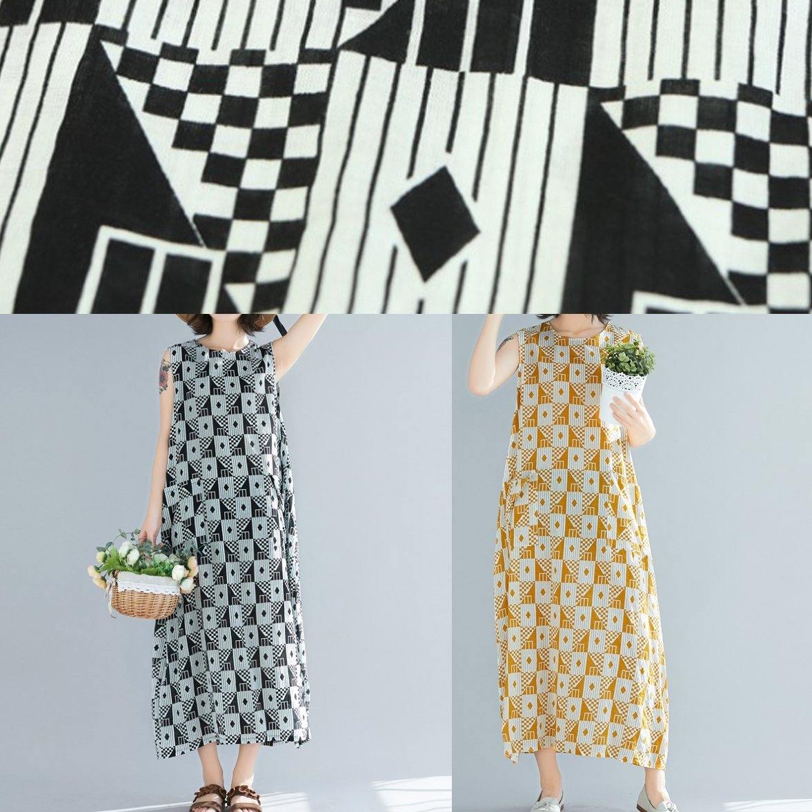 Natural o neck sleeveless cotton summer clothes Women yellow Geometric Kaftan Dresses