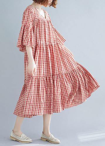 Natural red plaid cotton Long Shirts v neck Cinched Robe summer Dresses