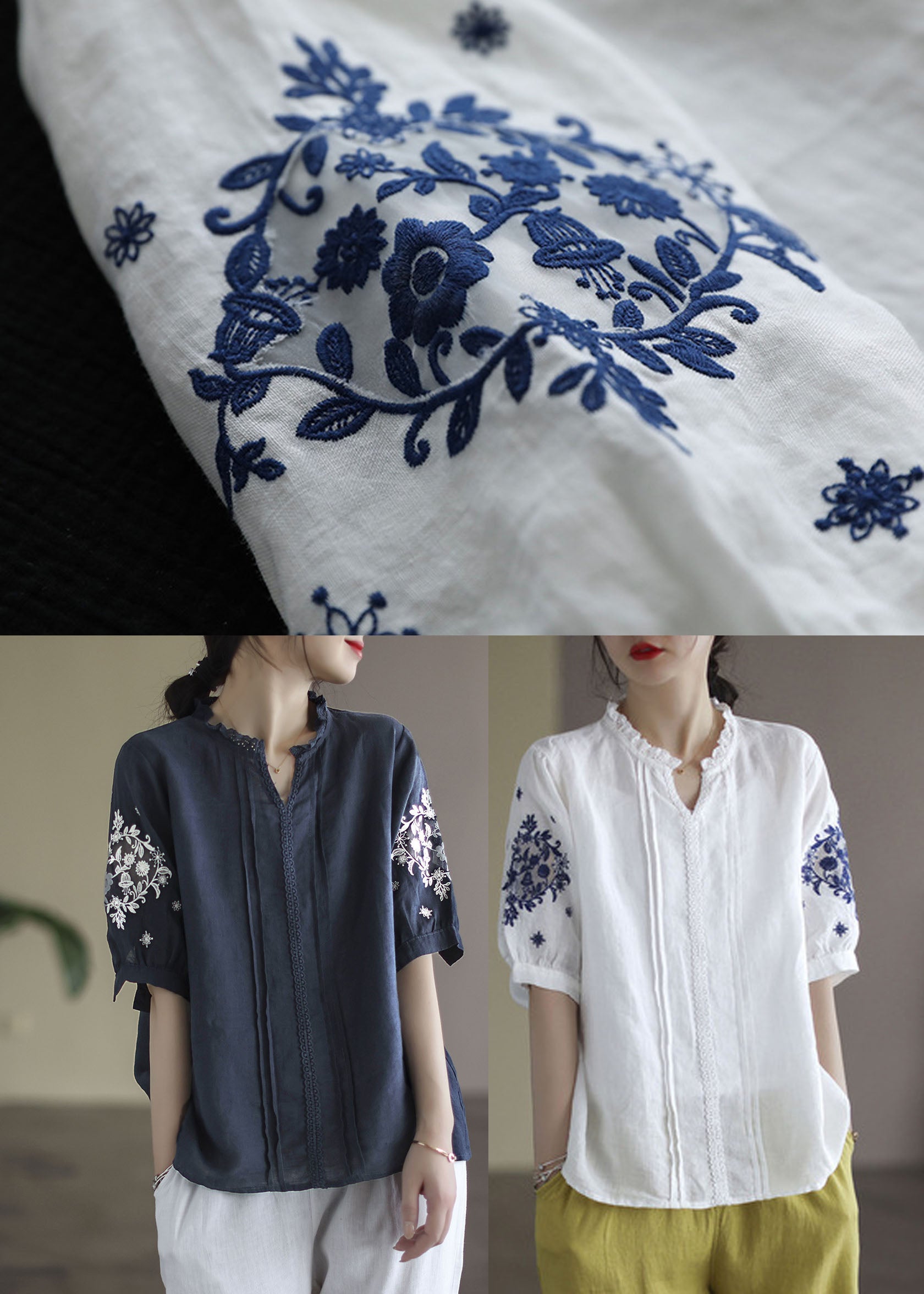 Navy Baggy Linen Blouses Wrinkled Embroideried Short Sleeve