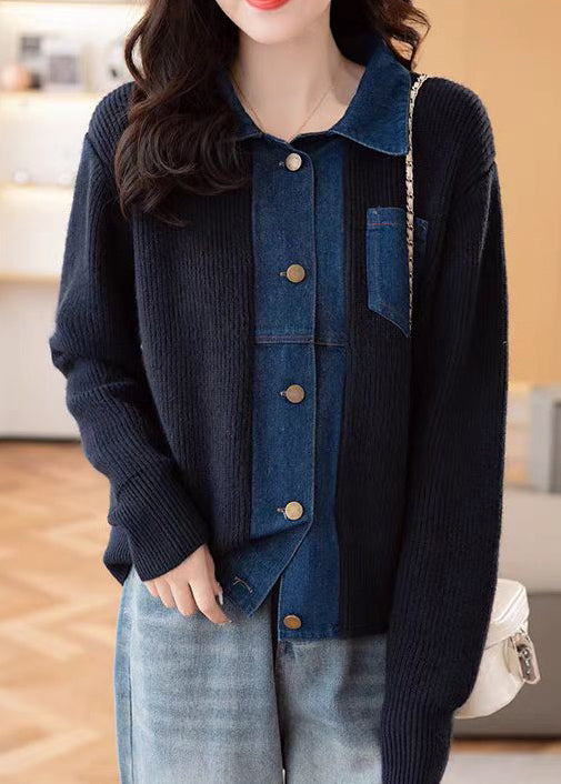 Navy Denim Patchwork Knit Coats Peter Pan Collar Spring