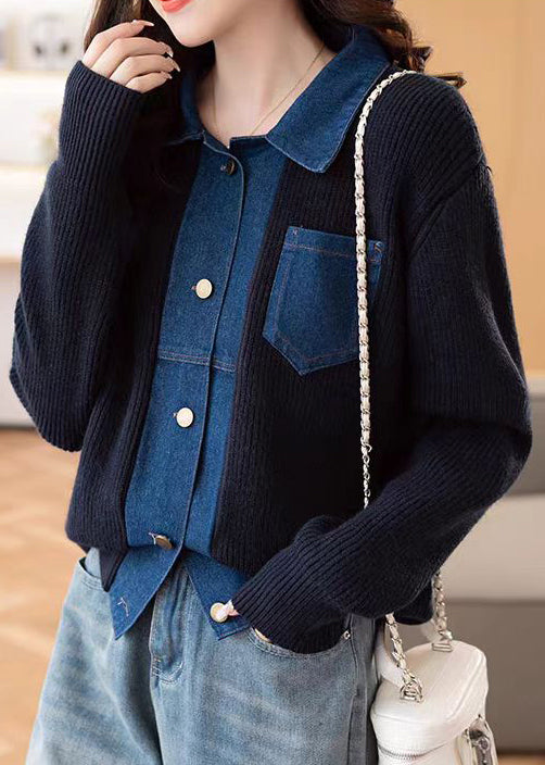 Navy Denim Patchwork Knit Coats Peter Pan Collar Spring