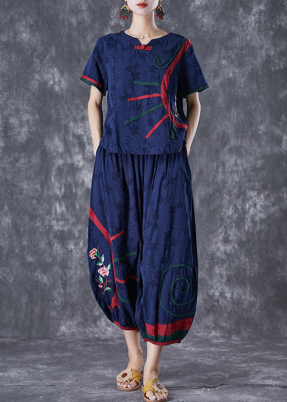 Navy Jacquard Cotton Two Piece Set Outfits Embroideried Summer