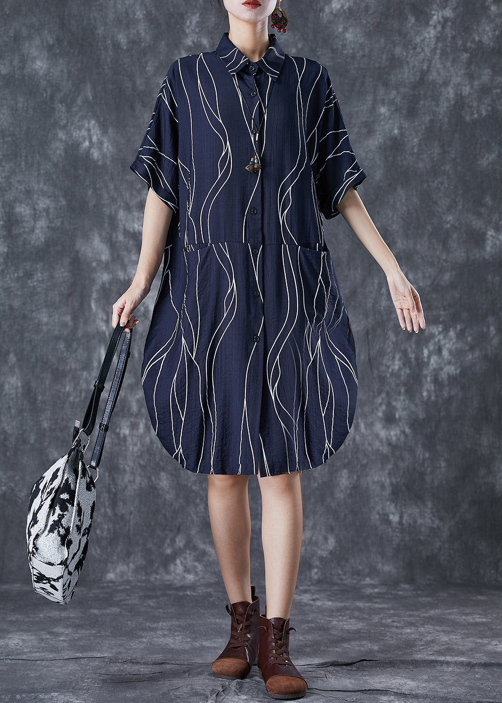 Navy Patchwork Cotton Shirt Dress Oversized Striped Summer